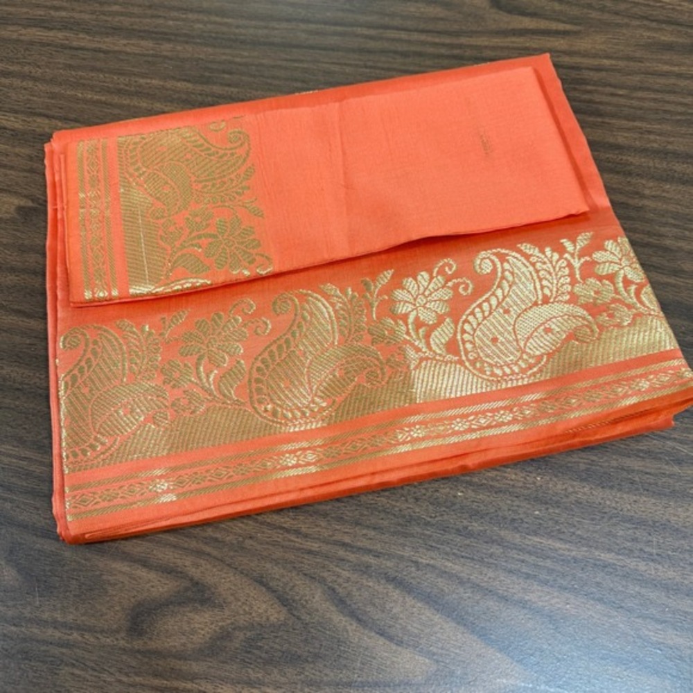 NEW Indian Womens Brocade ART/Artificial Silk Sari SAREE Peachy Orange w/Blouse‎